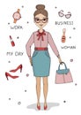 Vector illustration cute business woman in office clothes with set of accessorieson white background