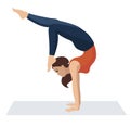 Vector illustration on white background. Handstand asanas with scorpion stand in yoga. Beautiful young woman doing yoga