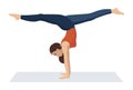 Vector illustration on white background. Handstand asanas with twine in yoga. Beautiful young woman doing yoga strength