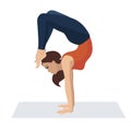 Vector illustration on white background. Handstand asanas in yoga. Beautiful young woman doing yoga strength exercises
