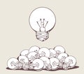 Vector illustration of white big lightbulb above pile