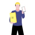 Vector illustration of white man in a cap is delivering the paper package and showing smartphone. Safe online delivery to the door