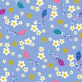 white plumeria flowers, flying kites and stars on baby blue background seamless repeat pattern.