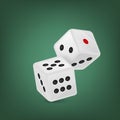 Vector illustration of white realistic game dice icon in flight closeup on green background. Casino gambling design Royalty Free Stock Photo