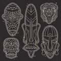 Vector, white silhouette, set of African Ethnic Tribal masks, tattoo.