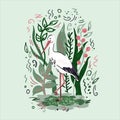 Vector illustration with white stork and plants