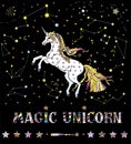Vector illustration of white unicorn reared up on the background of galaxy with colorful lettering