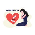 Vector illustration of white woman crying around broken heart with crack and patch. Royalty Free Stock Photo