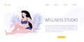 Vector illustration of white woman sitting in purple bikini around palm leaves. Wellness relax studio concept. Web page template.