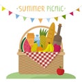 Vector illustration of a wicker picnic basket with a blanket. Basket with food, drinks and a garland of flags. Flat style. Royalty Free Stock Photo