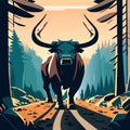 Vector illustration of a wild bull on the road in the forest. Generative AI