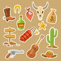 Vector illustration Wild west collection, isolated cowboy things in flat style. Cowboy boots, bull skull, rum, money bag, cactus, Royalty Free Stock Photo