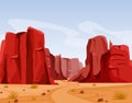 Vector illustration of Wild west Texas desert landscape with dry grass and red color mountains of canyon. Flat cartoon