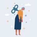 Vector illustration of Wind-up overworked female employee standing, giant key sticking into her back.