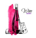 Vector illustration of wine bottle and cheese. Hand drawn sketched food and drink set of gourmet with watercolor Royalty Free Stock Photo