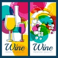 Vector illustration of wine bottle, glass, branch of grape and c Royalty Free Stock Photo
