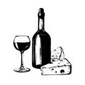 Vector illustration of wine bottle, glass and cheese. Hand sketched food and drink set. Menu design for cafe, bar etc. Royalty Free Stock Photo