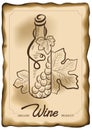 Vector illustration of wine bottle and vine grape on old paper background. Concept for organic products, harvest Royalty Free Stock Photo