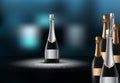 Vector illustration of Wineglass with black wine bottles of champagne in a bucket Royalty Free Stock Photo