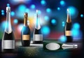 Vector illustration of Wineglass with black wine bottles of champagne in a bucket Royalty Free Stock Photo