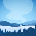 Vector illustration: Winter cartoon snowy mountains landscape with forest, house and smoke from chimney Royalty Free Stock Photo