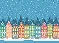 Vector illustration of winter city houses in christmas time. Winter urban landscape. Amsterdam houses, baner flat Royalty Free Stock Photo