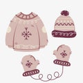 Vector illustration of winter clothes collection. Knitted hat, hand gloves, sweater in Christmas style isolated on white Royalty Free Stock Photo