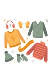 Vector illustration of winter clothes collection. Knitted hat and scarf, hand gloves, sweater in Christmas style