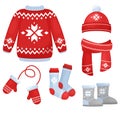 Vector illustration of winter clothes collection. Knitted hat and scarf, socks, hand gloves, sweater in Christmas style