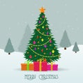 Vector illustration of a winter forest with Christmas tree coming out of decorative gift box.