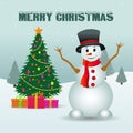 Vector illustration of a winter forest with Christmas tree and snowman and a lots of Christmas gifts.