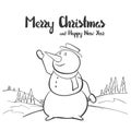 Vector illustration: Winter hand drawn sketch with snowman on landscape background. Merry Christmas and Happy New year Royalty Free Stock Photo