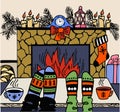 Vector illustration of winter holidays. Merry Christmas and Happy New Year Feet in wool socks by the Christmas fireplace