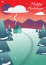 Vector illustration. Winter landscape with green trees, a house with a chimney and purple mountains. Orange sky Royalty Free Stock Photo