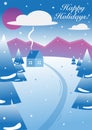 Vector illustration. Winter landscape with green trees, a house with a chimney and purple mountains. Orange sky Royalty Free Stock Photo