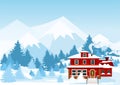 Vector illustration of winter landscape with mountains and red color cote covered of snow in forest. Royalty Free Stock Photo