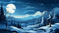 vector illustration of a winter landscape with a river trees and a full moon Royalty Free Stock Photo