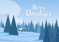 Vector illustration: Winter landscape with two houses in forest and handwritten lettering of Merry Christmas. Royalty Free Stock Photo