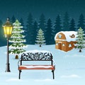 Winter night background with street lamp and bench in front snowy house Royalty Free Stock Photo