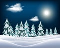 Vector illustration. Winter night landscape. Sky with clouds and the moon, the snow-covered field, forest, snow. Christmas Royalty Free Stock Photo