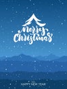 Winter poster with mountains and Handwritten lettering of Merry Christmas Royalty Free Stock Photo