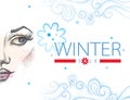 Vector illustration with winter sale in blue and red, swirls, snowflakes and half dotted girl face on white background. Royalty Free Stock Photo