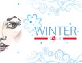 Vector illustration with winter sale in blue and red, swirls, snowflakes and half dotted girl face on white background.