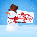 Vector illustration: Winter smiling snowman with blank banner in hands on snowdrift background. Merry Christmas. Royalty Free Stock Photo