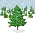 Vector illustration of a winter snow covered forest clearing with a large beautiful fir tree in the foreground Royalty Free Stock Photo