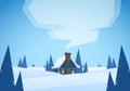 Vector illustration: Winter snowy cartoon landscape with house and smoke from chimney. Merry Christmas. Royalty Free Stock Photo