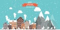 Vector illustration. Winter urban landscape. City with snow. Christmas and new year. Cityscape. Buildings.Mountaines and