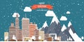 Vector illustration. Winter urban landscape. City with snow. Christmas and new year. Cityscape. Buildings.Mountaines and