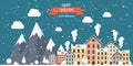 Vector illustration. Winter urban landscape. City with snow. Christmas and new year. Cityscape. Buildings.Mountaines and