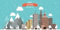 Vector illustration. Winter urban landscape. City with snow. Christmas and new year. Cityscape. Buildings.Mountaines and